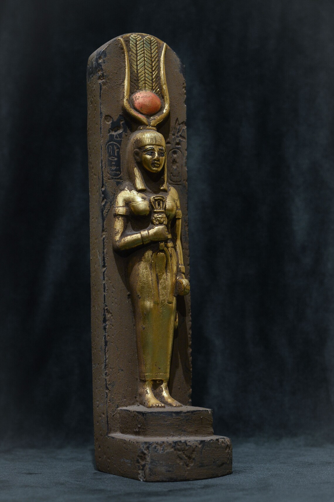 Statue Goddess Hathor Holding a Sistrum Sculpture Stone Gold Leaf ...