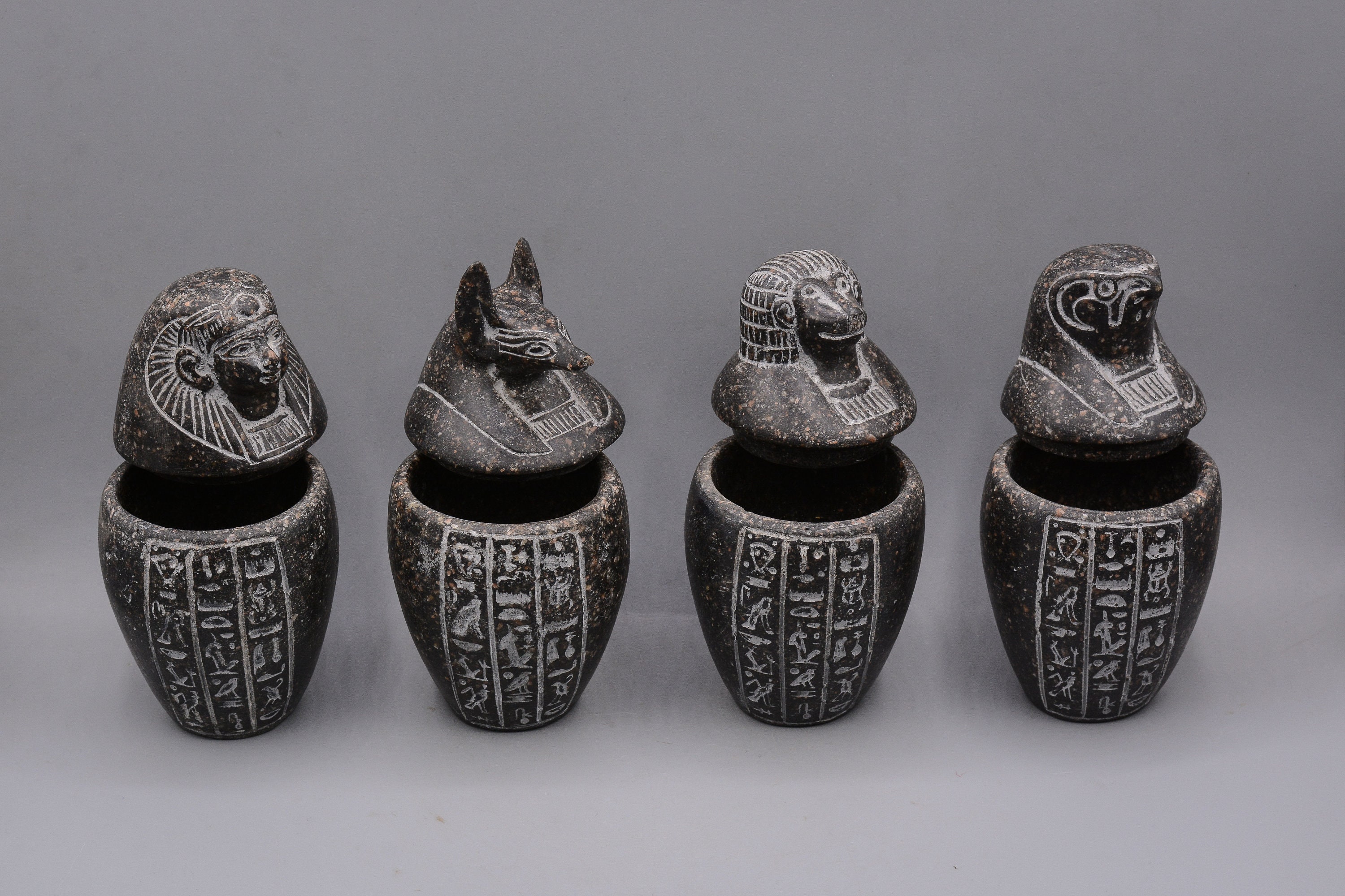 ホルスの息子カノプス壺彫刻セット エジプト美術花崗岩4個セット（2色