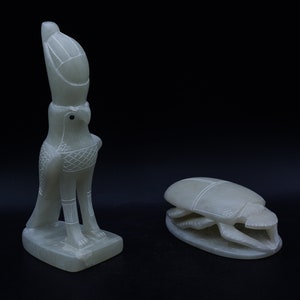 Egyptian god Falcon Bird Horus Figurine with scarab amulet hand carved marble stone made in egypt