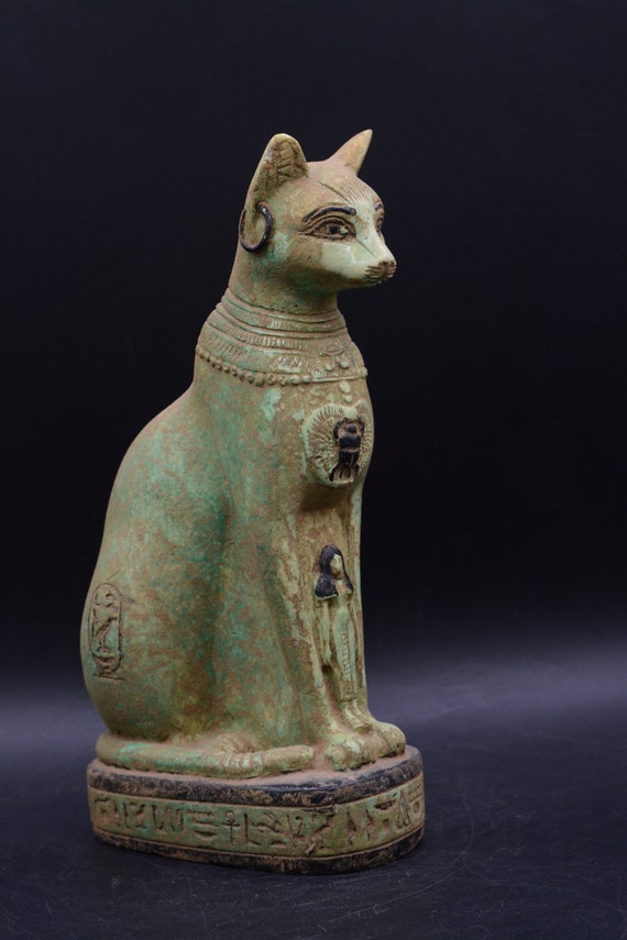 Unique statue of Ancient Egyptian art goddess cat Bastet green stone made in egypt
