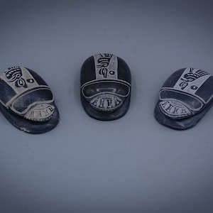 sacred scarab beetle Amulet set of 3 Sculpture unique carved black solid stone vintage Egyptian art made in Egypt