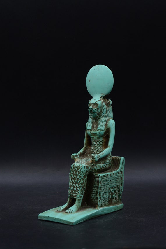 statue of goddess Sekhmet seated Figurine green / gold made in Egypt