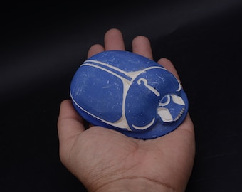 unique sacred scarab beetle Amulet blue large Sculpture carved stone vintage Egyptian art made in Egypt