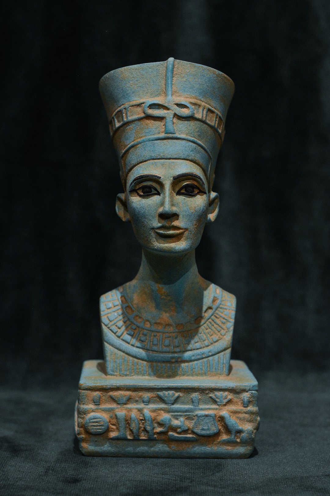 Statue of Egyptian Queen Nefertiti Green Sculpture Turquoise Bust