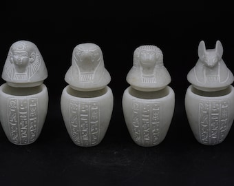 Unique Canopic jars white marble stone Sculpture Hieroglyph Set four Egyptian Art made in Egypt