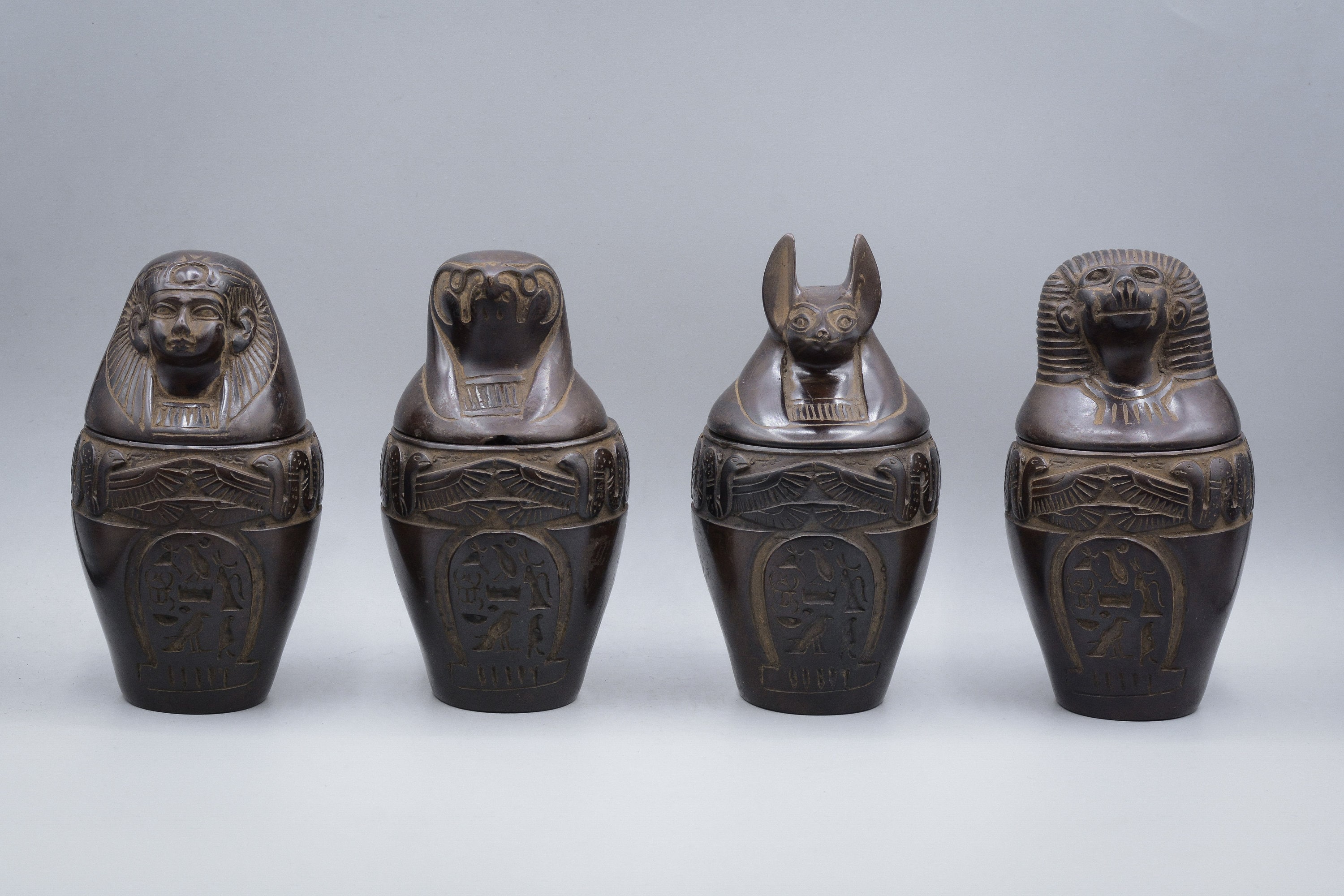 Set of 4 Egyptian Gold God Canopic Jars Statue Figure Ornament Ancient Egypt 