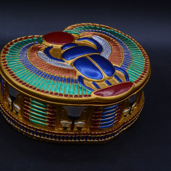 Egyptian art Box decorated pharaonic inscriptions Scarab winged Unique hand painted colored made in egypt