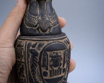 2482❣️ 貴重キャノン非売品 ホタル原石 CaF2 台付　オブジェ Canopic Jars Black Stone Sculpture Sons of Horus Unique Set