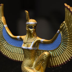 Unique statue Maat Goddess of Balance and Truth Open Wings golden hand painted large Altar statue gold blue crafted made in egypt