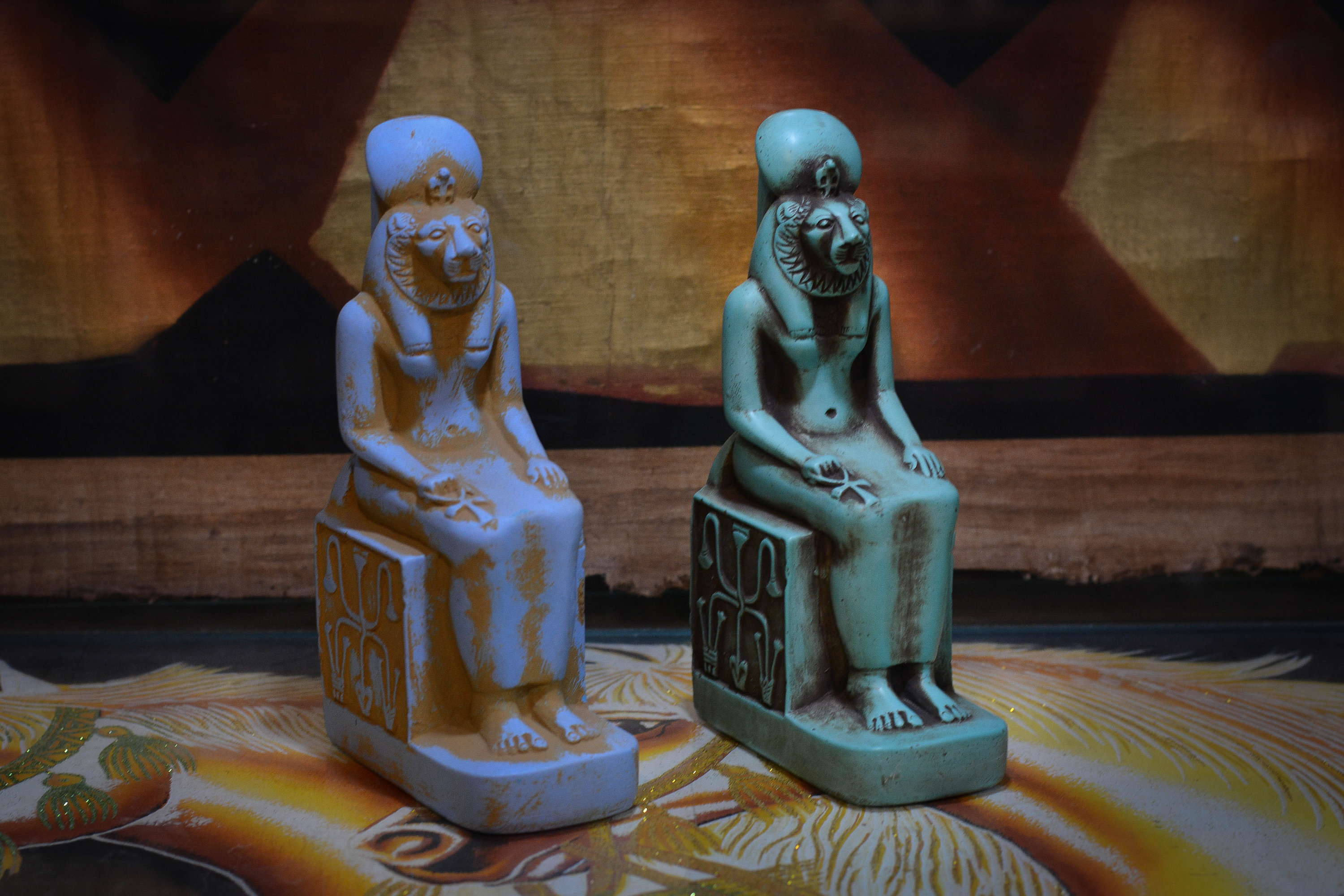 statue Goddess Sekhmet seated blue / green heavy made in Egypt