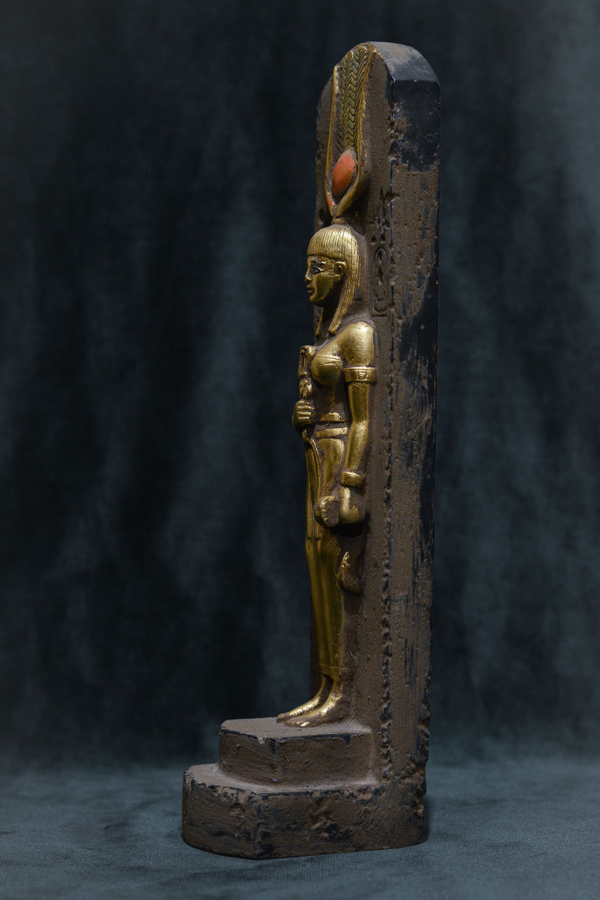 Statue Goddess Hathor Holding a Sistrum Sculpture Stone Gold Leaf ...