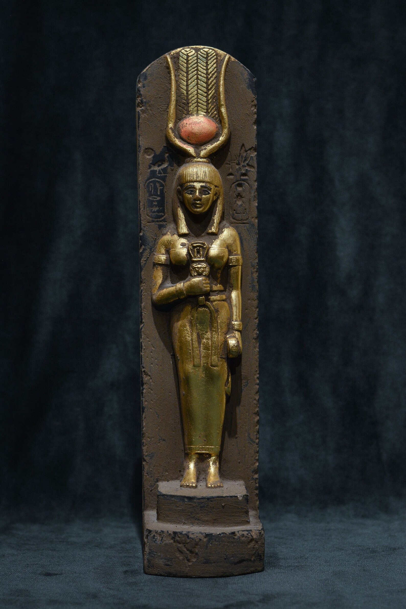 Statue Goddess Hathor Holding a Sistrum Sculpture Stone Gold Leaf ...