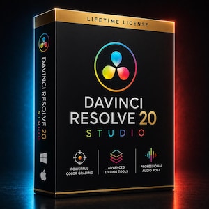 May include: A black rectangular software box for DaVinci Resolve 20 Studio with a gold top edge. The front features a colorful circular logo, the text "LIFETIME LICENSE," and icons for color grading, editing tools, and audio post-production.