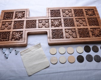 Royal game of UR from 2000 BC made with solid Oak wood and has a Red Chestnut stain.
