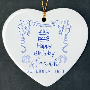 Personalized Birthday Ornament, Christmas Ornaments Birthday, Birthday Gift, Doodle Birthday Ornament, Milestone Birthdays, BDay Ornament