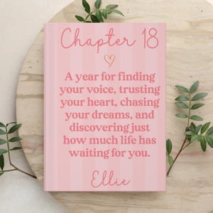 May include: A rectangular pink sign with vertical stripes featuring the text Chapter 18, a small heart symbol, and the message: A year for finding your voice, trusting your heart, chasing your dreams, and discovering just how much life has waiting for you. The name Ellie is printed at the bottom.