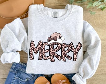 Merry Christmas Shirt, Pink Christmas Sweatshirt, Cheetah Print Christmas Sweater, Gift for Animal Print  Lover, Holiday Gift, Leopard Shirt