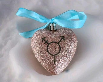 Trans heart baubles,christmas, valentine, trans pride,pink laser,glitter stocking filler