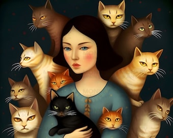 Cat Lady Digital Art Painting. Instant Digital Download