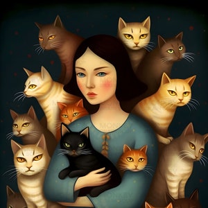 Cat Lady Digital Art Painting. Instant Digital Download