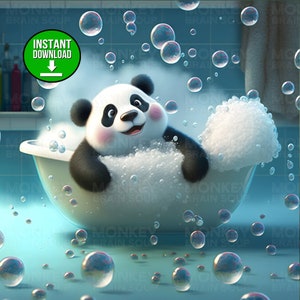 May include: A black and white panda bear taking a bath in a white bathtub with bubbles. The panda is smiling and has its paws on the edge of the tub. There are many bubbles floating in the air around the panda.