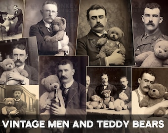 Men and Teddy Bears. Vintage Style Photographs for junk journals, ephemera. Printable Download pack of 44 high resolution images.