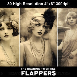 Vintage Style flappers from the roaring twenties. Printable Download pack of 30 high res images for scrapbooks, collages, cards, & crafts.