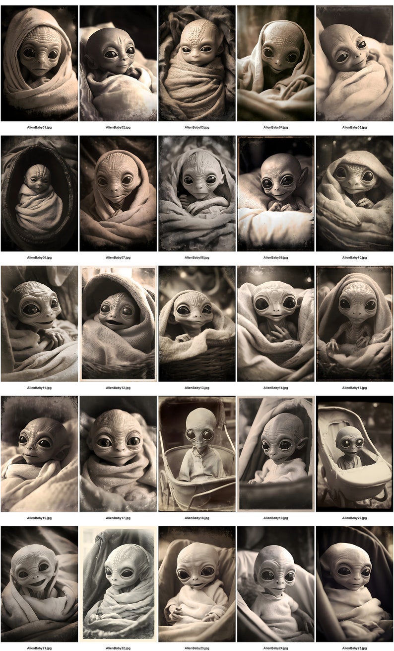 Vintage Style Baby Alien Photographs Printable Download pack. 25 High Resolution Images. Alien Ephemera. image 5