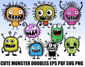 Cute Monster Doodles. Digital Clipart Download pack.