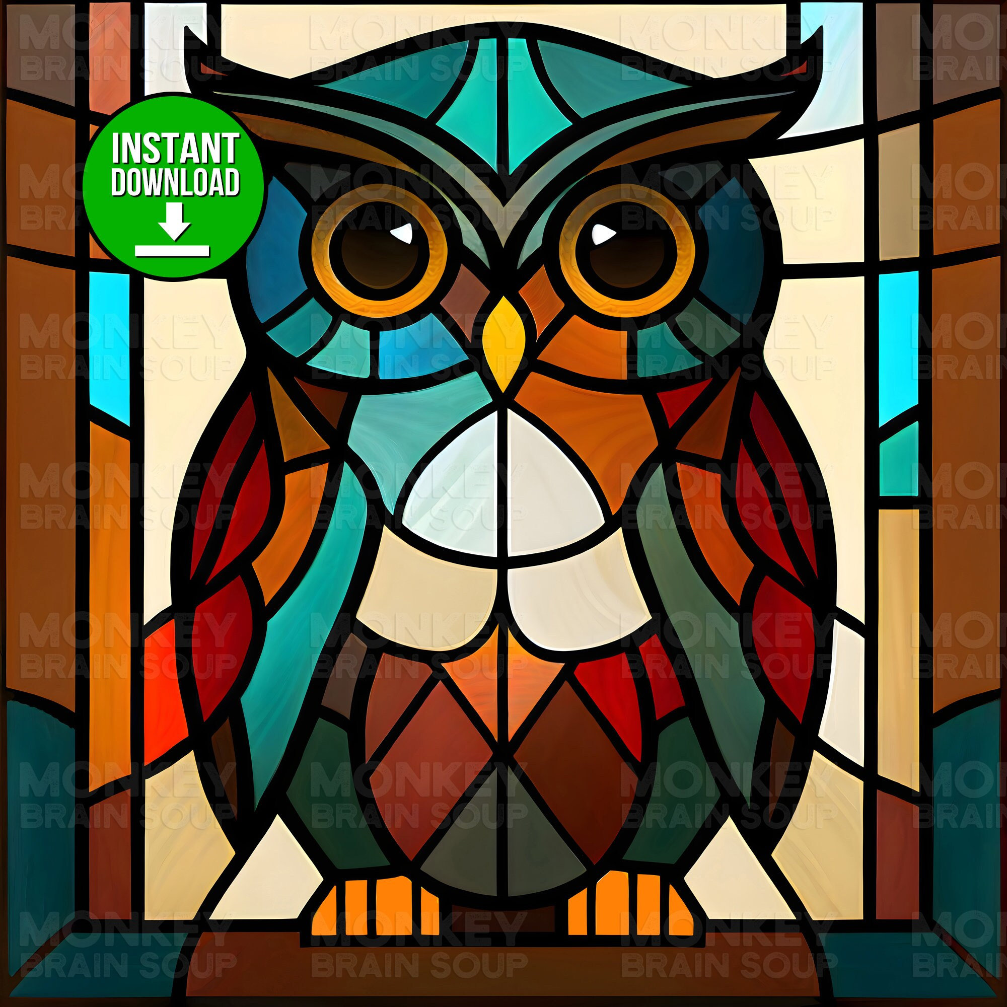 Stained Glass Owl Printable Wall Art – 28"x28" Digital Download – Colorful Owl Illustration – Bold Square Animal Print for Home Decor