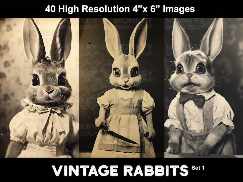 A collage of vintage sepia toned old photographs of funny and cute anthropomorphic rabbits with various expressive faces.