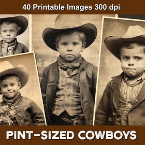 Vintage-stijlafbeeldingen van kleine cowboys voor collages, kaarten, knutselwerkjes, junkdagboeken, enz. Direct downloaden. 40 stuks, 300 dpi