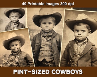 Imagens de pequenos cowboys em estilo vintage para colagens, cartões, artesanato, diários de recortes, etc. Download instantâneo. Pacote com 40 imagens, 300 dpi.