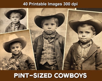 Vintage Style Images of little cowboys for collages, cards, crafts,  junk journals, etc. Instant download. 40 pack 300dpi