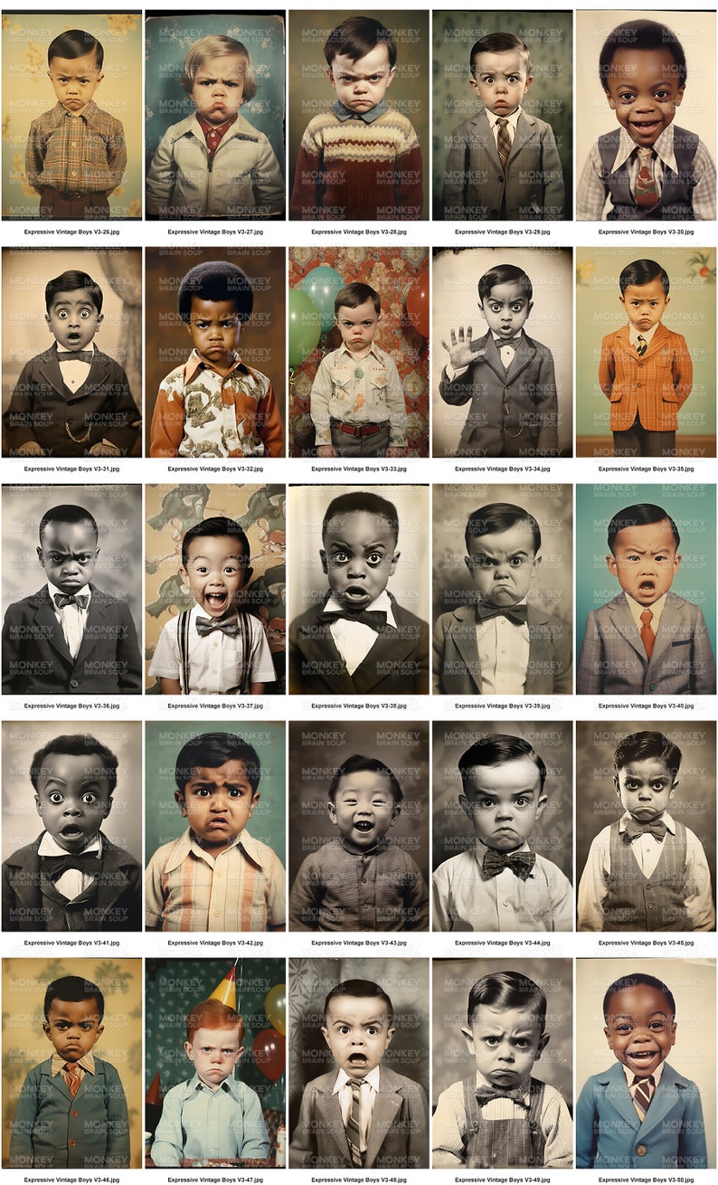 Vintage Retro old Funny Boy Portrait Photography. Boys making funny facial expressions.