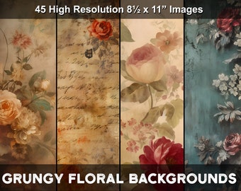 A collection of printable floral vintage grungy backgrounds. 45 high resolution 8.5x11" images for junk journals, scrapbooks, crafts.