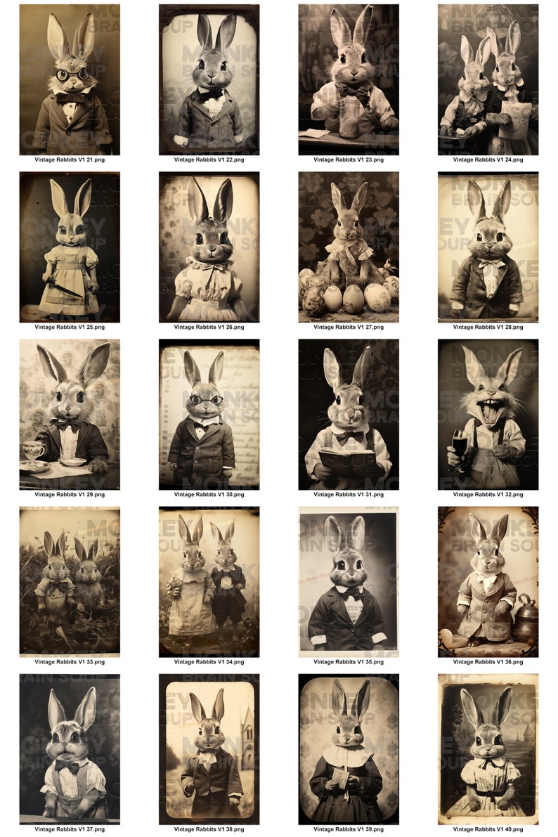 Vintage Style Cute and funny Bunny Rabbits for collages, cards, crafts, scrapbooks, pins, junk journals. Instant download. 40 pack 300dpi image 4