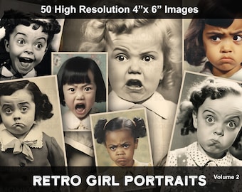 Fotos em estilo retrô de garotas com rostos expressivos. Pacote para download com 50 imagens em alta resolução para impressão.