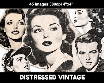 Clip art estilo retrô de homens e mulheres para álbuns de recortes, colagens, etc. Download digital para impressão de 45 PNG de alta resolução em fundo transparente