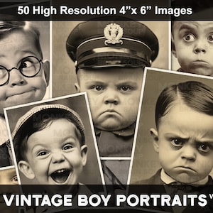 Grappige foto's in vintagestijl van expressieve jongens voor collages, plakboeken, kaarten, enz. Afdrukbaar downloadpakket met 50 afbeeldingen in hoge resolutie.