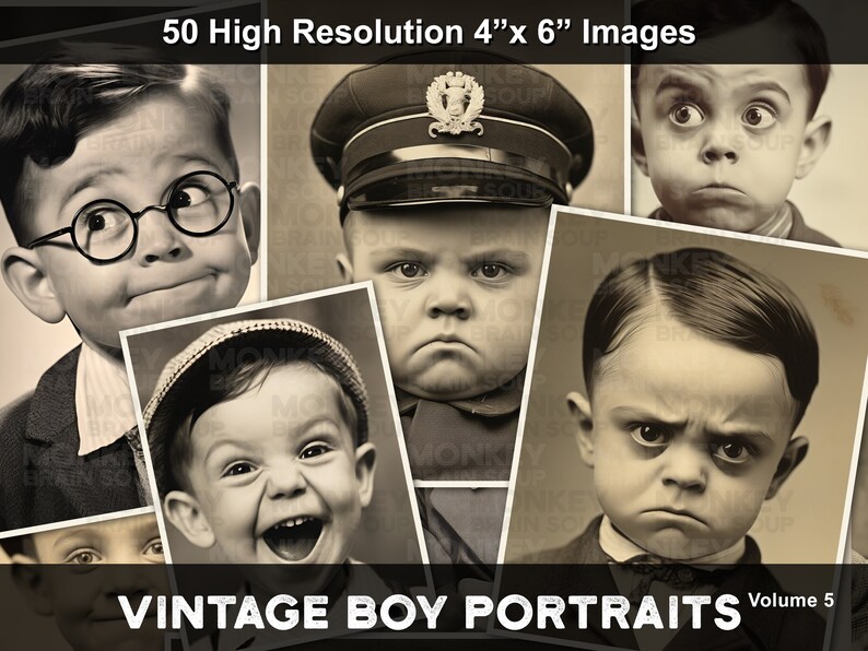 a collage of Vintage style sepia photographs of cute funny little boys with expressive comical faces.