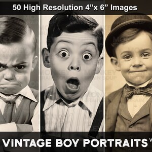 Vintage style sepia photographs of cute funny little boys with expressive comical faces.