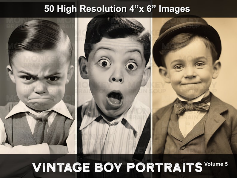 Vintage style sepia photographs of cute funny little boys with expressive comical faces.