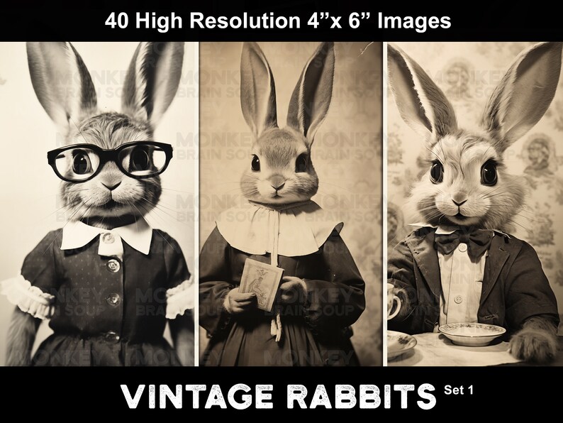 A collage of vintage sepia toned old photographs of funny and cute anthropomorphic rabbits with various expressive faces.