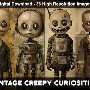 Vintage style tintype photography of creepy looking robotic characters that combine elements of robots, dolls, and zombies.