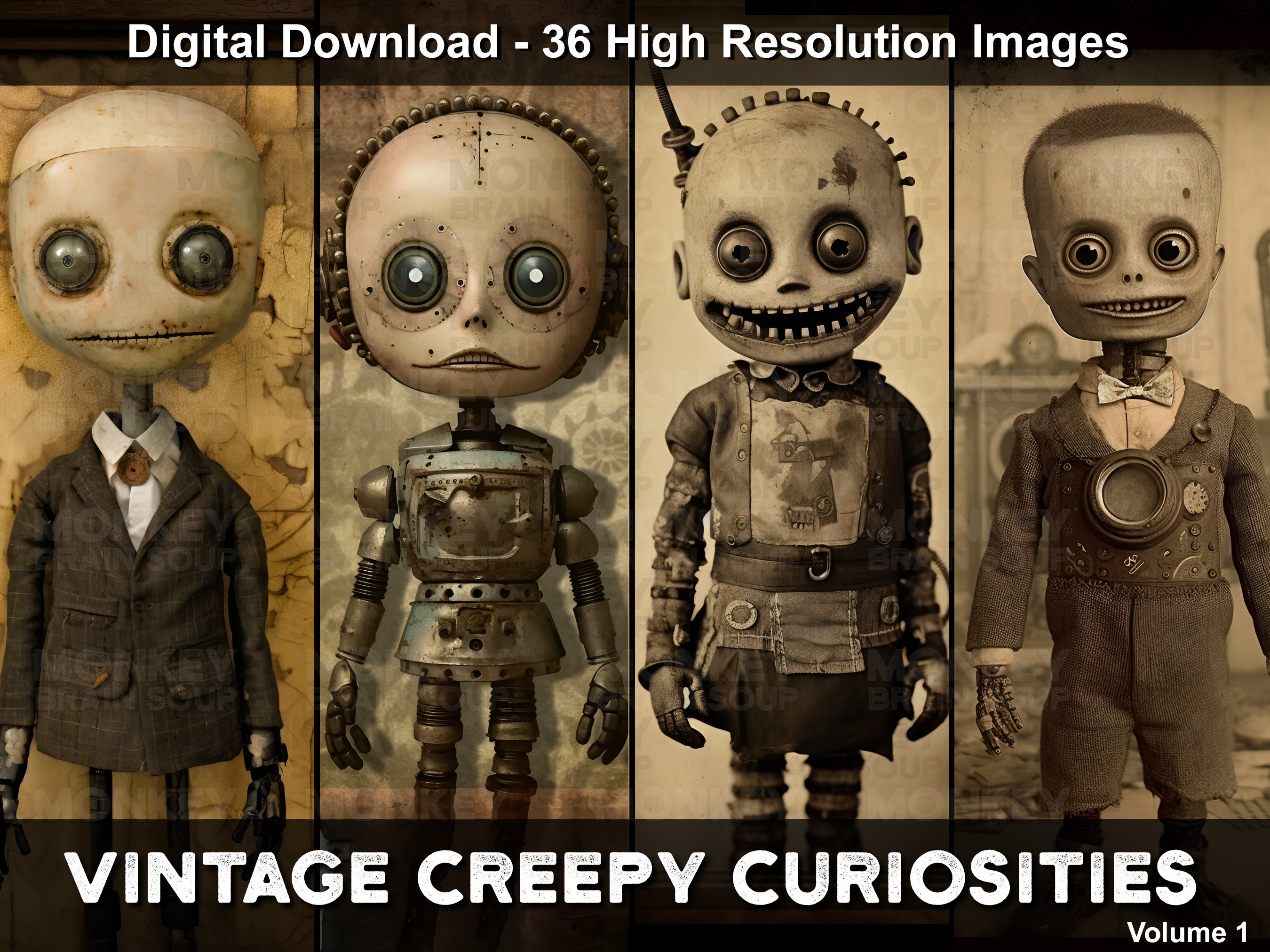 Vintage Style Gruselige Kuriositäten - Band 1. Eine Sammlung von 36 hochauflösenden druckbaren Bildern, die Roboter, Puppen und Zombies kombinieren.