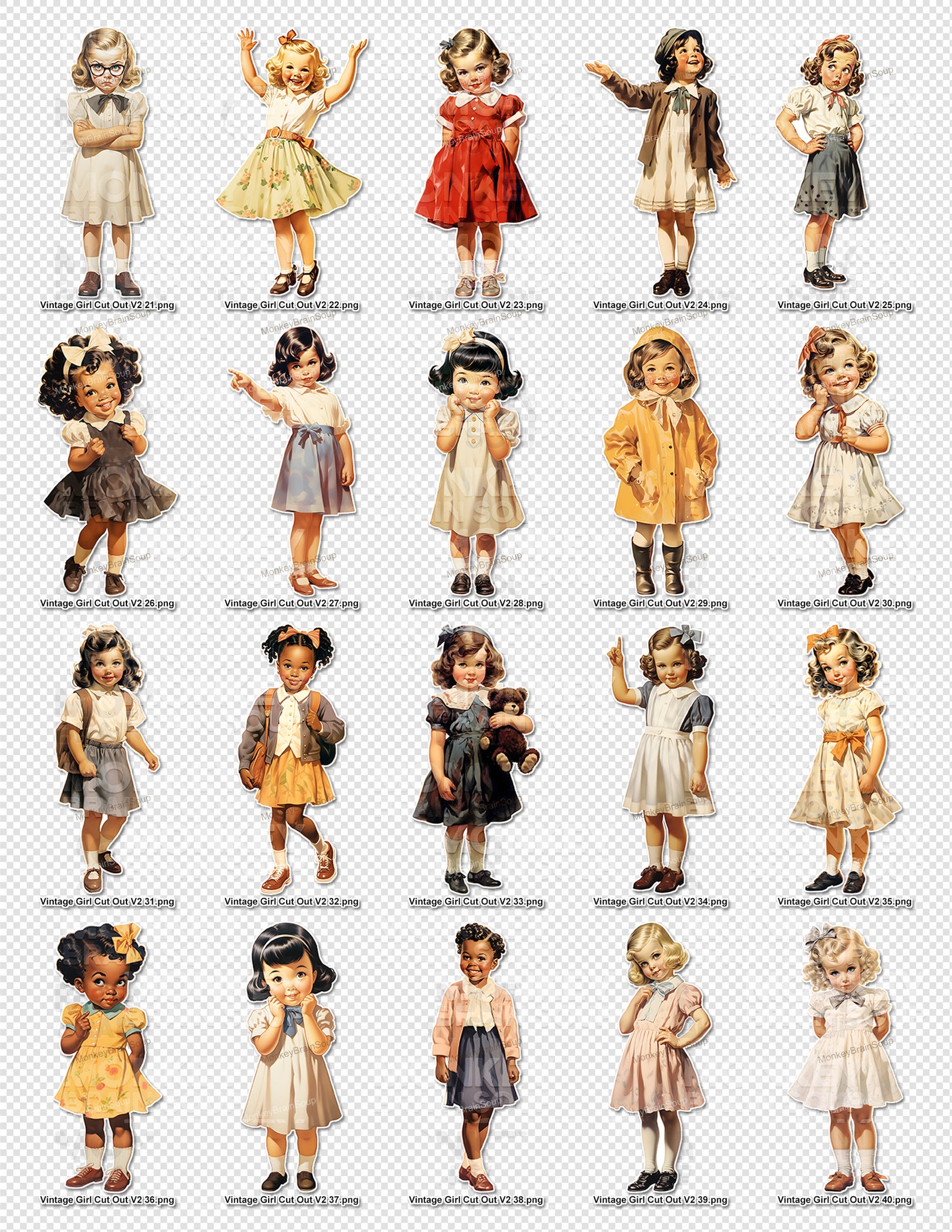 Printable Vintage Little Girl Cut Outs, Transparent Background. 300DPI ...