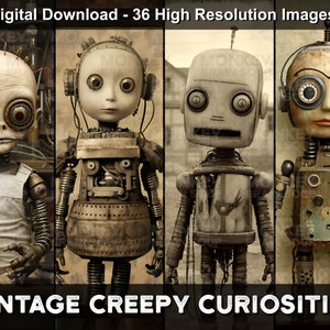 Vintage style tintype photography of creepy looking robotic characters that combine elements of robots, dolls, and zombies.