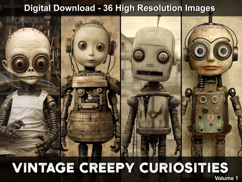 Vintage style tintype photography of creepy looking robotic characters that combine elements of robots, dolls, and zombies.