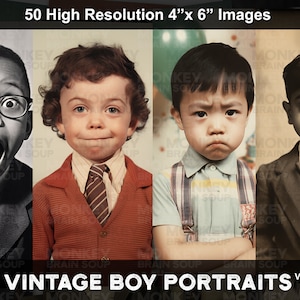 Vintage Retro Funny Boy Portraits. Boys making funny facial expressions.